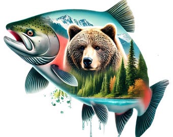 Salmon Double Exposure Clipart: Wildlife Art Print (Digital Download, 12 PNG/JPG)