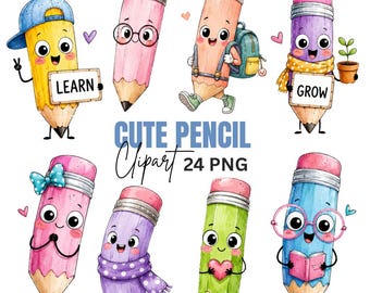 Adorable Pencil Clipart, Back to School Graphics, Teacher Classroom Art (Digital Download) 24 PNGs