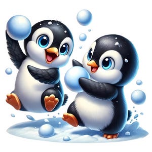 May include: Two cartoon penguins playing in the snow. The penguins are wearing black and white feathers and have blue eyes. They are holding blue snowballs in their flippers.