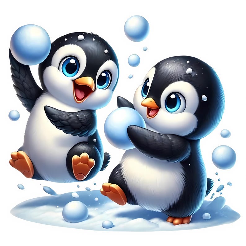 May include: Two cartoon penguins playing in the snow. The penguins are wearing black and white feathers and have blue eyes. They are holding blue snowballs in their flippers.
