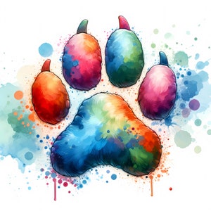 K&ouml;nnte beinhalten: Ein farbenfroher Aquarell-Pfotenabdruck mit einem Regenbogen aus Farben, darunter Rot, Orange, Gelb, Gr&uuml;n, Blau, Indigo und Violett. Der Pfotenabdruck ist vor einem wei&szlig;en Hintergrund mit Aquarellspritzer gesetzt.