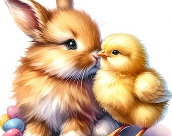 May include: A fluffy brown bunny rabbit with pink ears and a yellow chick with a beak open as if it is about to chirp. The bunny is looking at the chick and the chick is looking at the bunny. There are colorful Easter eggs in the background.