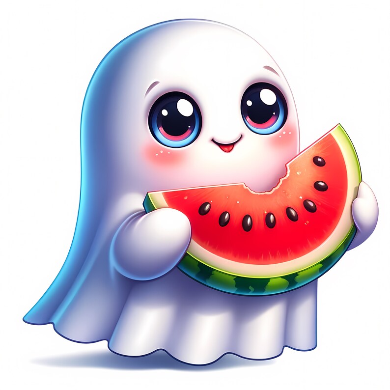 May include: A white ghost with big blue eyes and a pink blush is holding a slice of watermelon with black seeds.