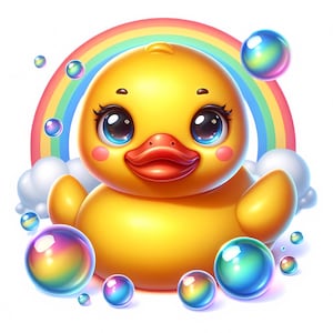 May include: A yellow rubber duck with a rainbow and clouds in the background. The duck has large blue eyes, a red beak, and pink cheeks. There are iridescent bubbles surrounding the duck.