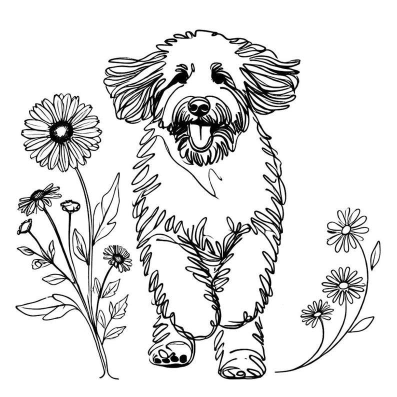 May include: A black and white line drawing of a doodle dog with a happy expression, standing in front of a cluster of daisies.