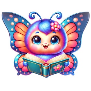 Puede incluir: Una mariposa azul y rosa con pelusa suave sostiene un libro azul verdoso abierto. La mariposa tiene grandes ojos azules y una flor rosa en la cabeza.