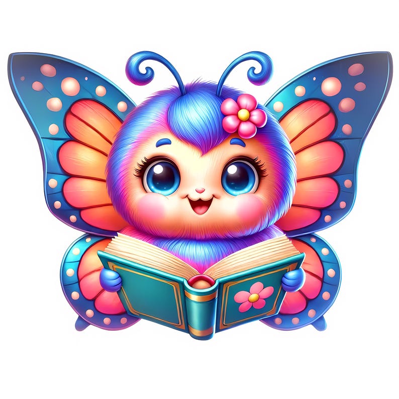 Puede incluir: Una mariposa azul y rosa con pelusa suave sostiene un libro azul verdoso abierto. La mariposa tiene grandes ojos azules y una flor rosa en la cabeza.