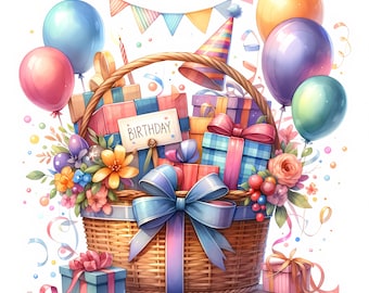 Clipart de feliz cumpleaños en acuarela / Decoración festiva para fiestas (descarga digital) Conjunto de 12 JPG