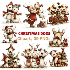 Puede incluir: Una colección de ilustraciones en acuarela con perros en escenas navideñas festivas. Las imágenes incluyen perros con Papá Noel, muñecos de nieve y árboles de Navidad, todo sobre un fondo nevado. El texto dice "Christmas Dogs Clipart, 39 PNGs."