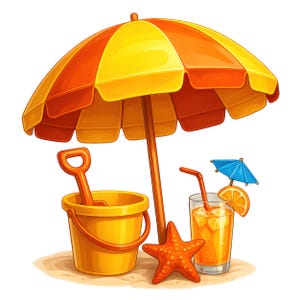 May include: A vibrant illustration of beach essentials. A yellow and orange striped umbrella shades a sand pail with a shovel, a starfish, and a glass of orange juice with a straw and a tiny blue umbrella. The scene evokes summer fun.