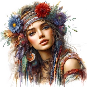 Clipart de fille de fleur bohème | 12 fichiers JPG de haute qualité | Lot de cliparts | Art mural | Décoration rustique | Art floral | Art fantaisiste | Utilisation commerciale