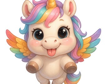 Paquete de imágenes prediseñadas de unicornios kawaii, PNG de arcoíris para guardería (descarga digital)