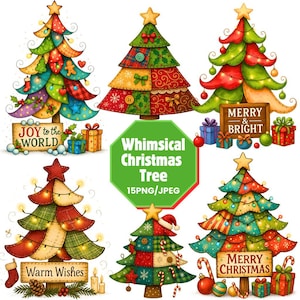 May include: A collection of whimsical Christmas tree designs. Each tree features a unique patchwork design with various colors and patterns. Some trees have lights, ornaments, and signs with holiday messages like "Joy to the World" and "Merry Christmas".