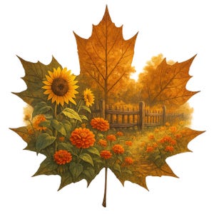 May include: A digital illustration of a large maple leaf with an autumn scene inside. The scene includes sunflowers, orange flowers, a wooden fence, and a path, all in warm, autumnal colours.