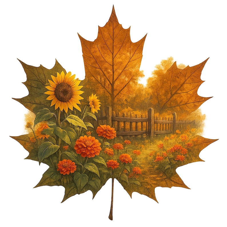 May include: A digital illustration of a large maple leaf with an autumn scene inside. The scene includes sunflowers, orange flowers, a wooden fence, and a path, all in warm, autumnal colours.