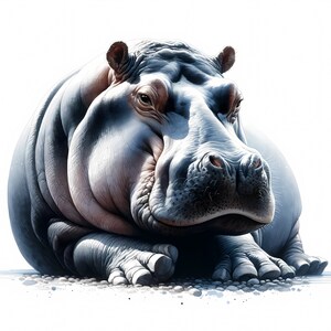 May include: A close-up of a large, gray hippopotamus with a wrinkled, fleshy face. The hippopotamus is lying on its belly with its front legs extended in front of it. The hippopotamus has a large, dark gray snout and small, dark eyes.