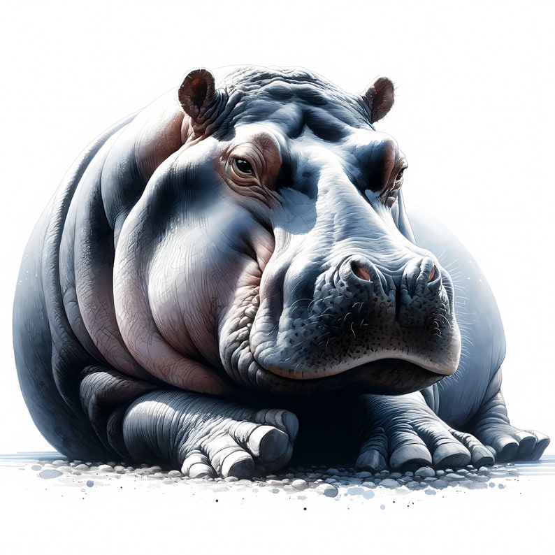 May include: A close-up of a large, gray hippopotamus with a wrinkled, fleshy face. The hippopotamus is lying on its belly with its front legs extended in front of it. The hippopotamus has a large, dark gray snout and small, dark eyes.