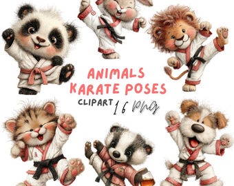 Animals Karate Poses Clipart: Whimsical Graphics, Digital Download, 16 PNG