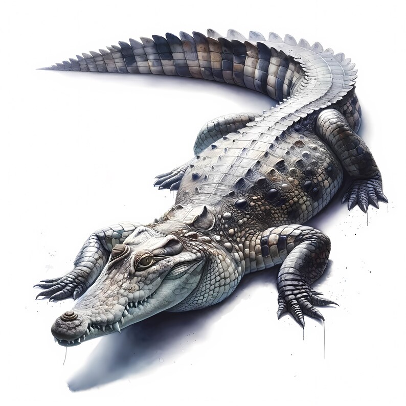 May include: A detailed illustration of a crocodile with a gray and brown patterned skin. The crocodile is lying on its belly with its head turned to the side. The background is white.