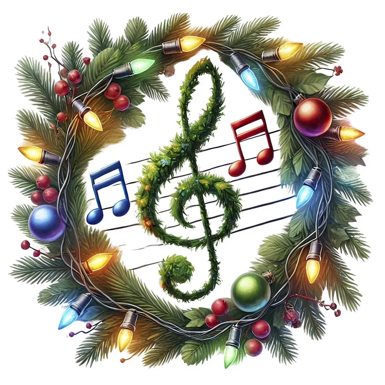 May include: A green Christmas wreath with red berries and colorful lights. A green treble clef is in the center of the wreath, with musical notes on a staff behind it.