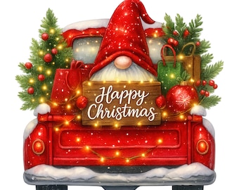 May include: A red truck illustration with a gnome wearing a red hat and holding a wooden sign that says "Happy Christmas." The truck bed is filled with Christmas trees, gifts, and baubles, all illuminated by fairy lights. A charming festive design.