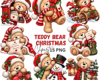 Christmas Teddy Bear Clipart: Whimsical Holiday Graphics, Digital Download for Sublimation & Crafts, 15 PNG