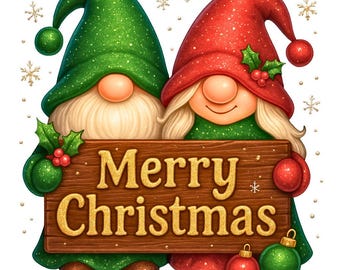 May include: A festive illustration of two gnomes, one in a green hat and the other in a red hat, holding a wooden sign that reads "Merry Christmas" in gold lettering. The gnomes are surrounded by snowflakes and Christmas ornaments.
