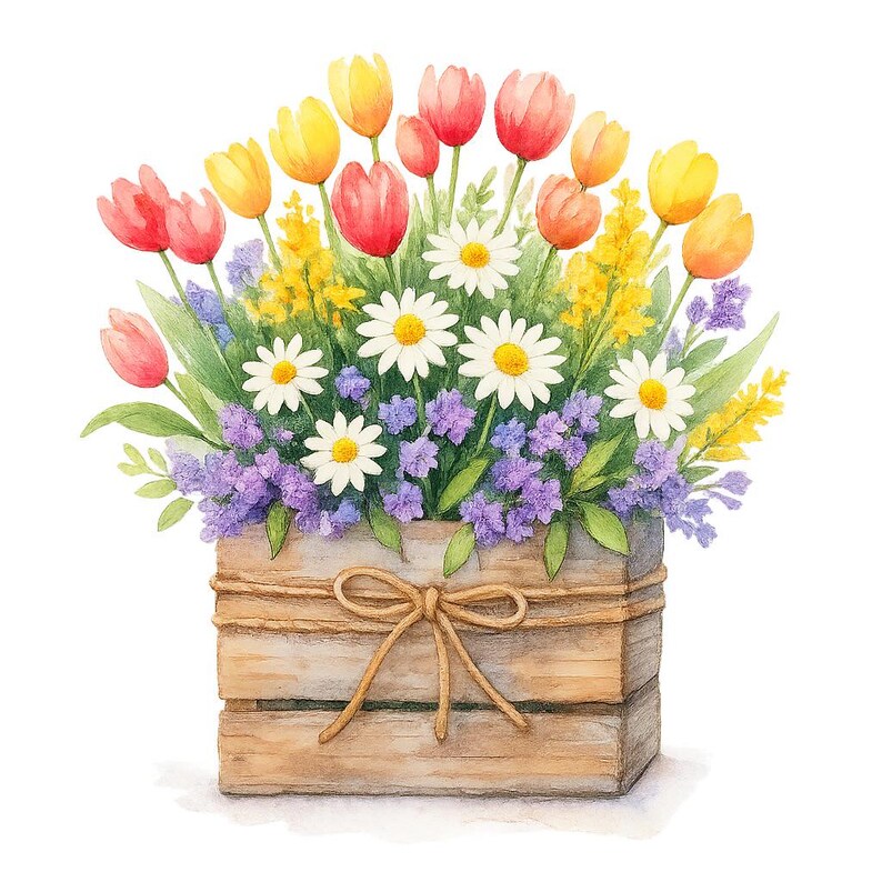 Wildflower Wooden Box Clipart: Watercolor Spring Flowers (PNG Digital ...