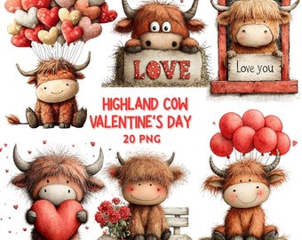 May include: A collection of watercolor illustrations featuring Highland cows with Valentine's Day themes. The cows are holding hearts, balloons, and signs with messages like "Love" and "Love you". The text "Highland Cow Valentine's Day 20 PNG" is also present.