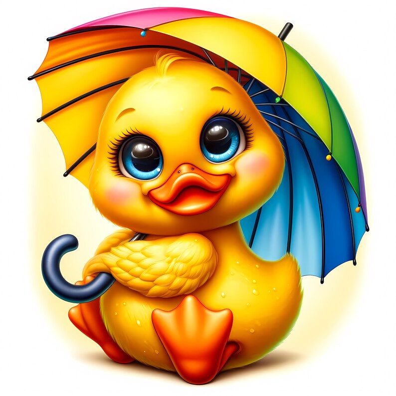 Peut inclure: Un petit canard en caoutchouc jaune avec un parapluie arc-en-ciel. Le canard tient le parapluie avec son aile et a une expression mignonne sur son visage.
