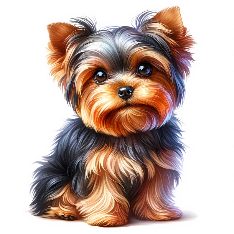 May include: A small Yorkshire Terrier dog with black, brown, and tan fur. The dog is sitting with its front paws tucked under its body and its head tilted slightly to the side. The dog has a sweet expression on its face.
