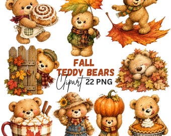 Fall Teddy Bears Clipart: Autumn Teddies Graphics, Cozy Autumn (Digital Download) 22 PNG