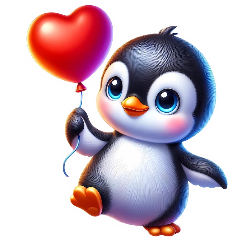 May include: A cartoon penguin with black and white feathers holds a red heart-shaped balloon. The penguin has a small orange beak and large blue eyes.