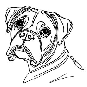 Puede incluir: Dibujo de línea de la cabeza de un perro boxer. El perro está mirando hacia la izquierda con la boca cerrada. El dibujo está en blanco y negro.