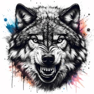 Clipart de lobo furioso / 12 archivos JPG de alta calidad / Paquete de imágenes de lobo feroz / Arte mural / Arte de vida silvestre / Sublimación / Imprimible / Uso comercial