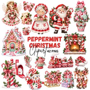 Puede incluir: Una colección de ilustraciones digitales con temática navideña que incluye un ángel, Santa Claus, la Sra. Claus, una casa de jengibre, una chimenea, un tren, un muñeco de nieve, un reno y regalos, con el texto PEPPERMINT CHRISTMAS Clipart 42 PNG.