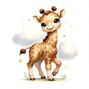 Op de afbeelding: Een charmante illustratie van een babygiraf met een lichtbruine vacht en kenmerkende bruine vlekken. De giraf heeft grote, expressieve ogen en staat tegen een witte achtergrond met wolken en sterren. De stijl is zacht en speels.