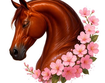 May include: A digital illustration of a brown horse's head and neck, adorned with a wreath of pink cherry blossoms and green leaves. The horse has closed eyes, suggesting a peaceful demeanor. The artwork is set against a white background.