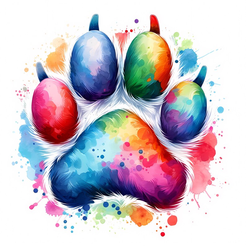 K&ouml;nnte beinhalten: Ein farbenfroher Aquarell-Pfotenabdruck auf wei&szlig;em Hintergrund. Der Pfotenabdruck besteht aus verschiedenen Blaut&ouml;nen, Gr&uuml;n-, Rot-, Gelb- und Violettt&ouml;nen.