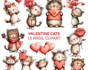 Cats Valentine's Day Clipart | Adorable Whimsical Graphics | Digital Download | 15 PNG Files