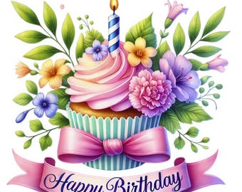 Clipart verjaardag cupcake | Bloemenverjaardagsfeestbundel (digitale download) Set van 15 png-bestanden
