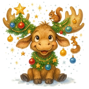12 PNG Adorable Christmas Moose Clipart, Cute Winter Moose with Holiday Elements, Festive Animal Clipart, Crafts & Sublimation, Santa Hat