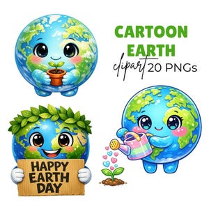 Clipart de la Tierra en dibujos animados, adorables gráficos del planeta Tierra (descarga digital - 20 PNG)