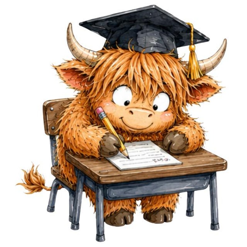 Graduation Highland Cow Clipart: Watercolor Cows With Cap & Books ...