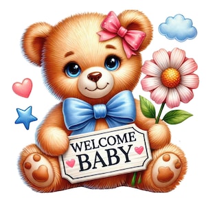 Welkom teddybeer clipart | 12 hoogwaardige ontwerpen | Clipartbundel | Babyshower | Muurkunst kinderkamer | Kaarten maken | Commercieel gebruik