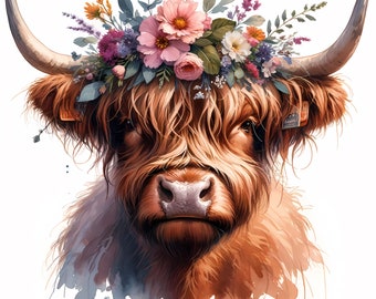 Floral Highland Cow Clipart: Flower Crown Animal Art (Digital Download, Commercial Use) 10 JPG