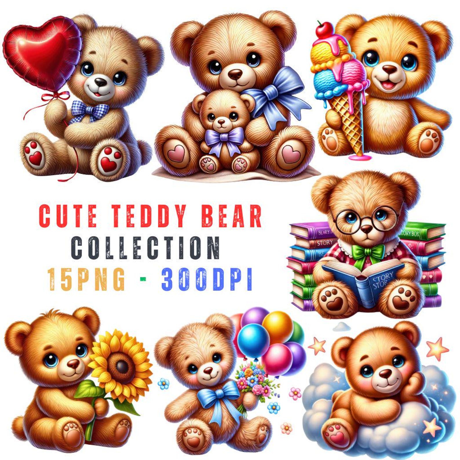 Watercolor Teddy Bear Clipart | Nursery Art PNG Bundle (digital ...