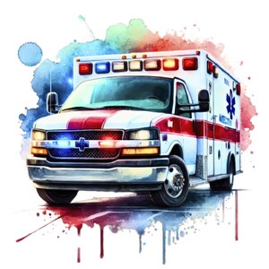 May include: A white ambulance with red and blue lights, a red stripe, and the word "AMBULANCE" on the side. The ambulance is painted in a watercolor style with splashes of color.