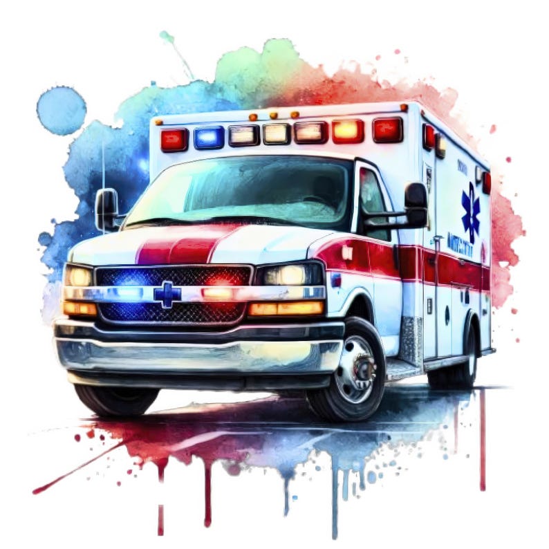 May include: A white ambulance with red and blue lights, a red stripe, and the word "AMBULANCE" on the side. The ambulance is painted in a watercolor style with splashes of color.