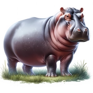 May include: A close-up of a hippopotamus standing in a grassy field. The hippopotamus is facing the camera and has a large, round body with a small head and short legs. The hippopotamus is a large, semi-aquatic mammal that is native to Africa.
